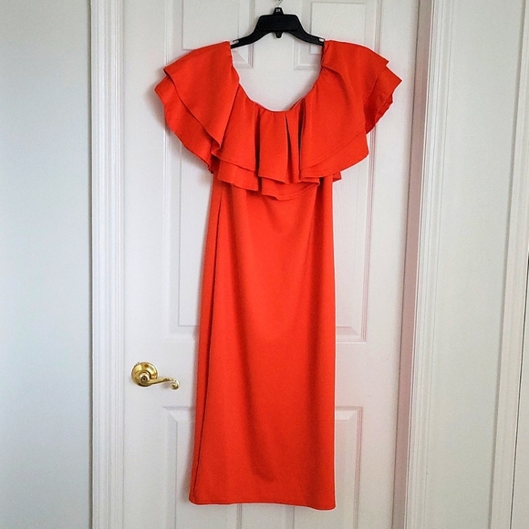 !!SOLD!! Sexy PLUS SIZE Orange Flounce Top Off Shoulder Bodycon Dress XXL - Picture 6 of 10